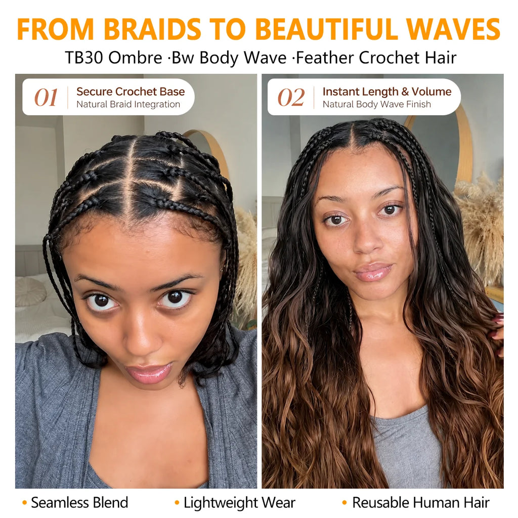 T1B/30 TB30 Ombre Highlight 12A Human Hair Body Wave Crochet Extensions Miracle Knots Feather Invisible Knotless Pre Separated Boho Braiding Hair Natural Look