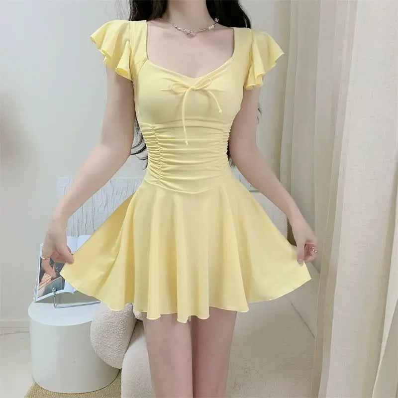 Women Skirted Swimdress Short Sleeve Tummy Control Swimsuit With Padding Slimming Hot Spring Bathing Suit