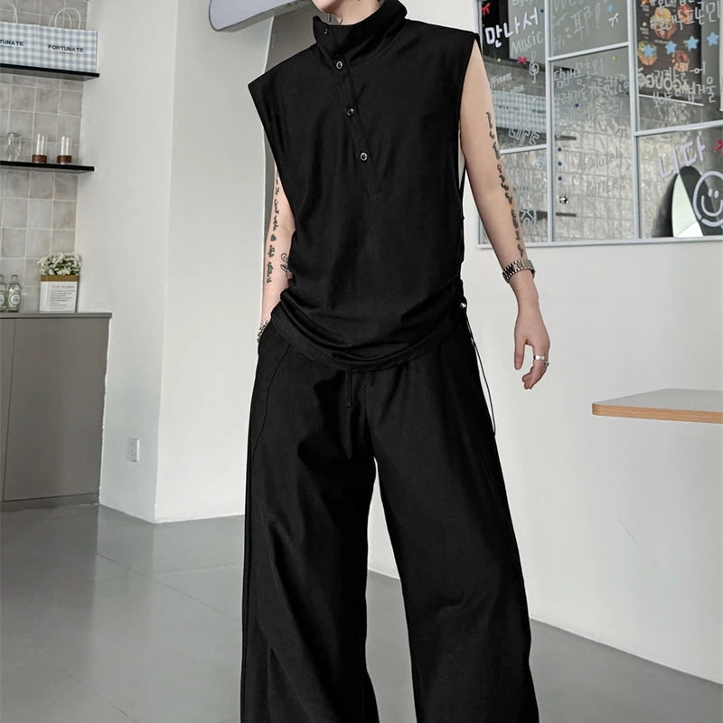 Men's High End Sleeveless Set Casual High Neck Button Detail Drawstring Waist Baggy Pants Minimalist Two Pieces Set 78O9