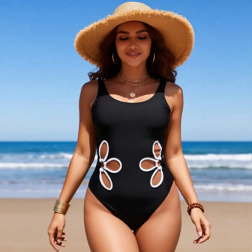Women's One-Piece Swimsuit: Solid Black, White Floral Cutout Side Detail, Scoop Neck, High-Cut Leg, Chic Beach Style