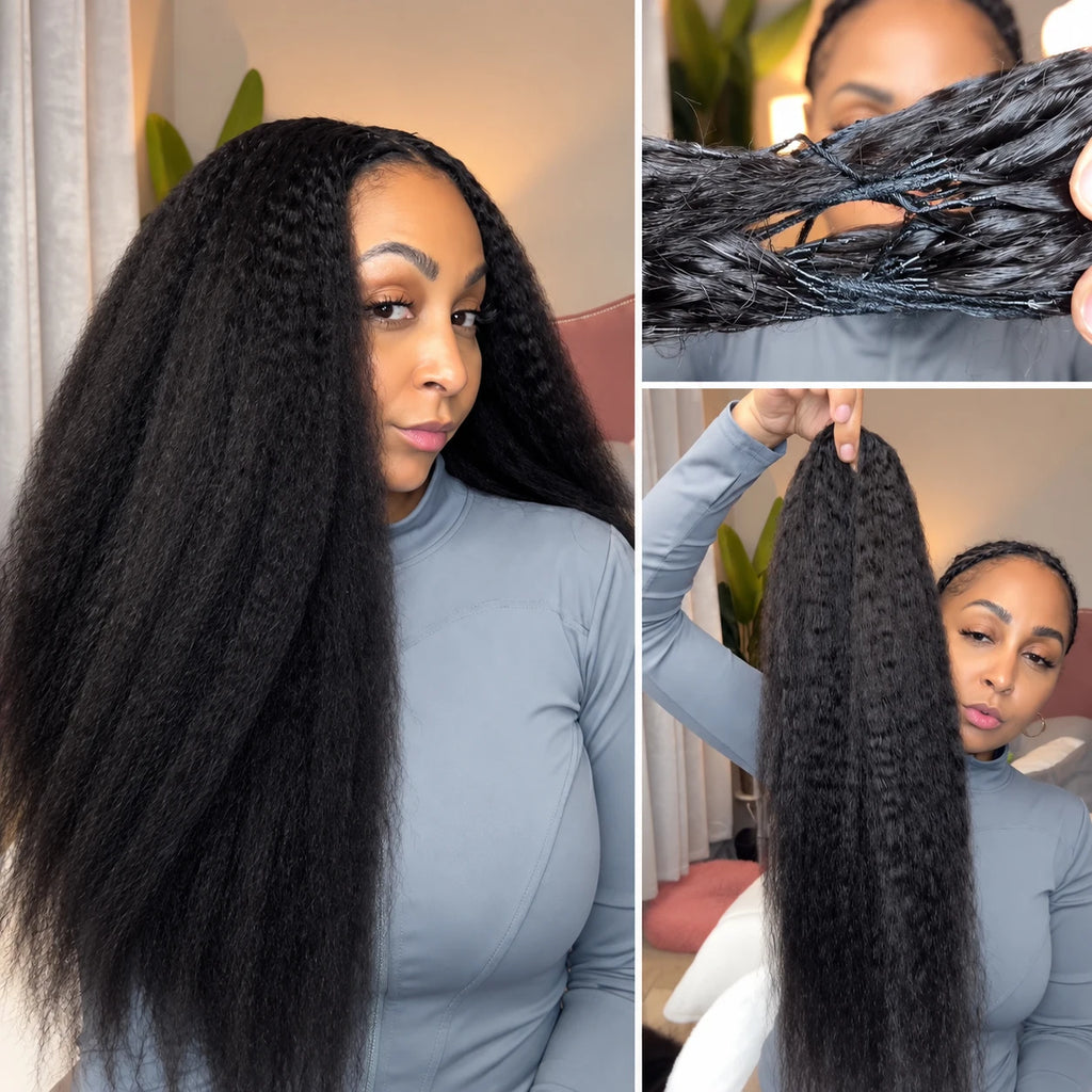 Kinky Straight Human Hair Crochet for Women Feather Hair Extensions Pre-Separated Lightweight Reusable Invisible Knots Natural Black Crochet Human Hair Bundles