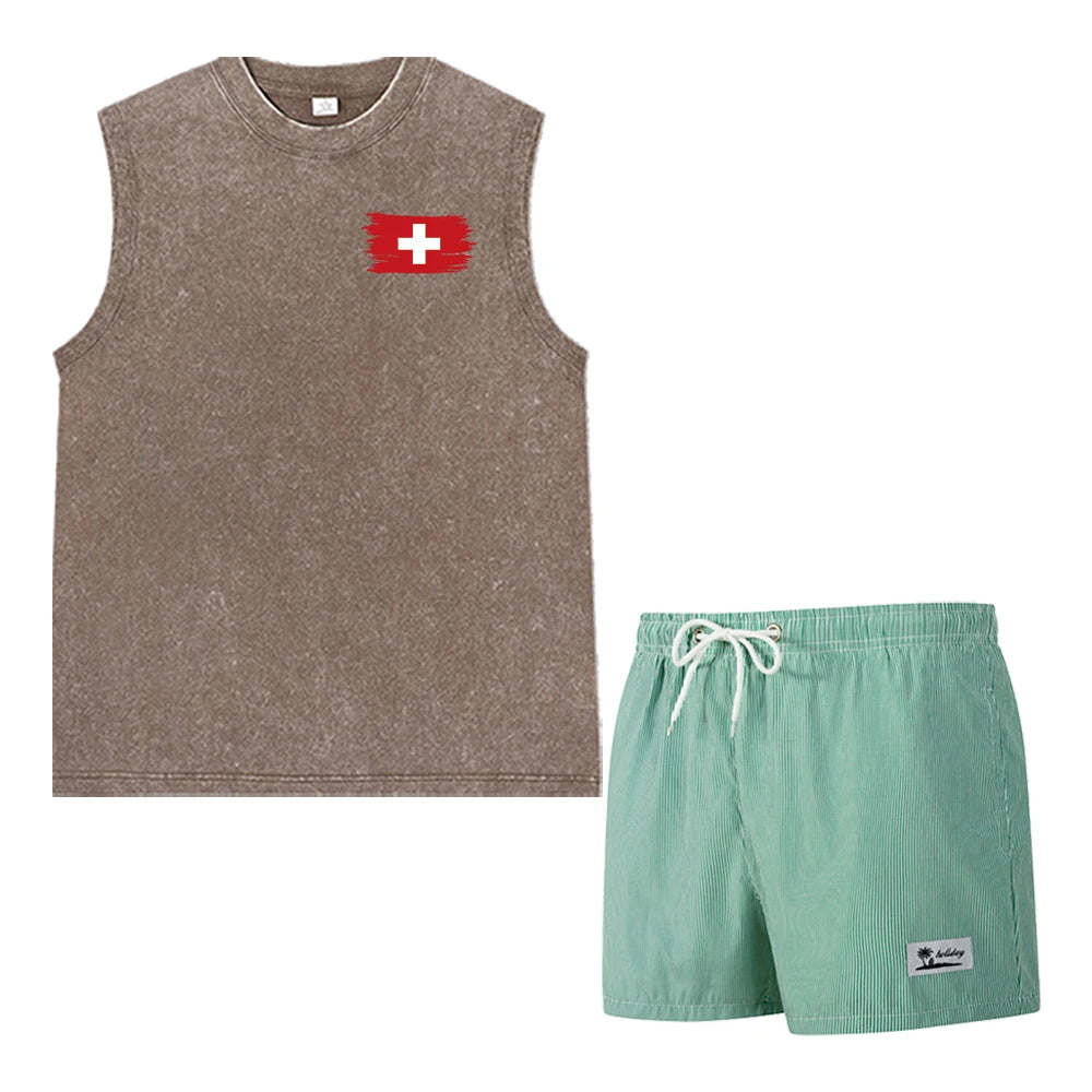 Casual Summer Men's 2 Piece Outfit: Vintage Washed Sleeveless Tee & Pinstripe Quick Dry Swim Shorts Set with Flag Graphic Print
