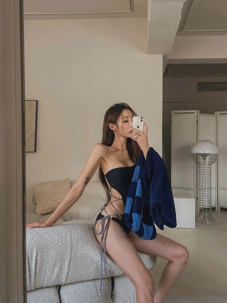 Women's Black Tie Strap One Piece Swimsuit Elegant Sexy Pure Desire Bathing Suit For Hot Spring Beach