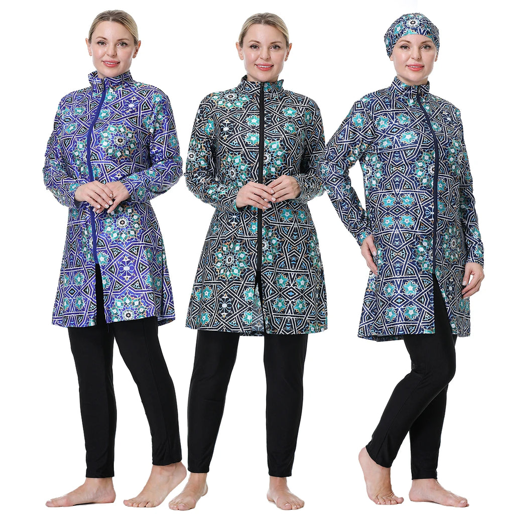 H1024 Muslim Women Fullcoverage Long Sleeves Cover Up Burkinis Three Pieces Plus Size Printing Swimwear Suits