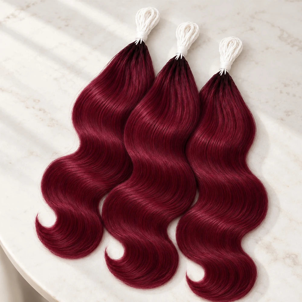 Burgundy 99J Short Body Wave Crochet Human Hair Miracle Knots Feather Knotless Pre Separated Invisible Braiding Hair Extensions Boho Protective Style Soft Natural Lightweight Reusable DIY Salon For Women
