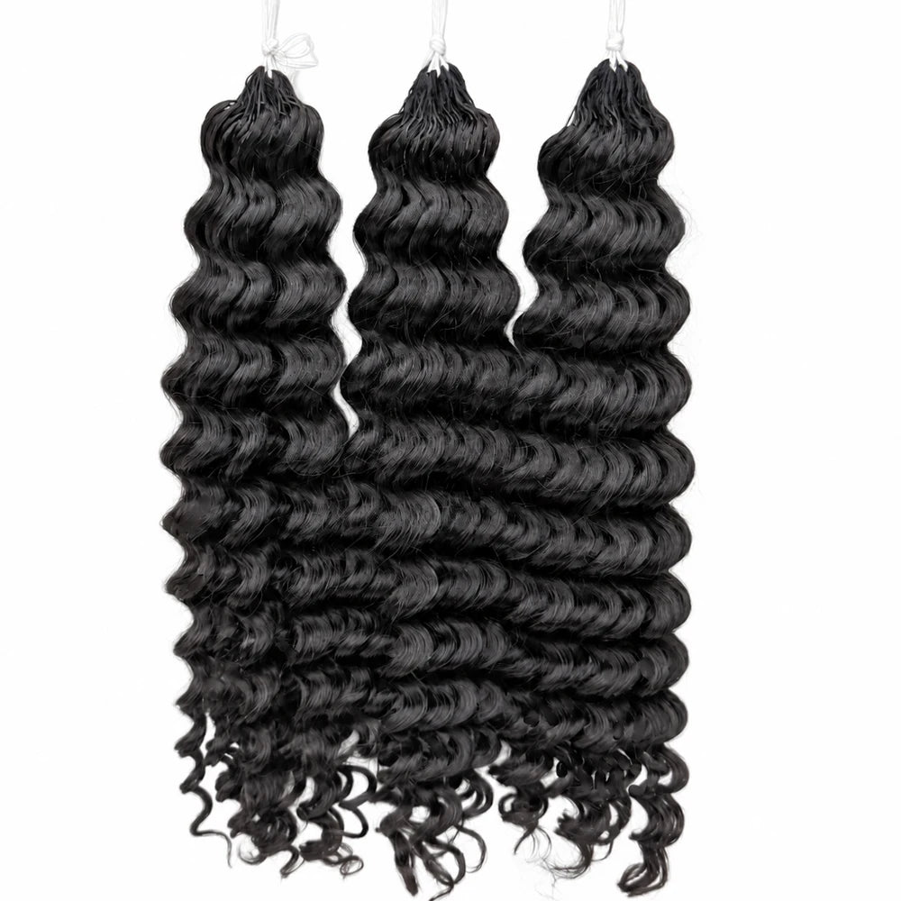 Natural Black Color Water Wave Deep Wave Feather Crochet Human Hair Extensions Miracle Knots Knotless Pre Separated Boho Braiding Hair Soft Natural Curls Lightweight Reusable Protective Style For Women