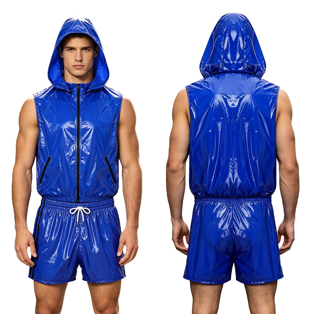 Mens Waterproof Hooded Vest Shorts Set Tracksuit Glossy Costume Front Zipper Waistcoat with Hood And Built-in Briefs Boxer Short