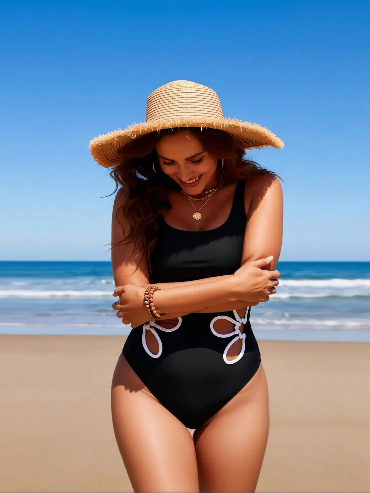 Women's One-Piece Swimsuit: Solid Black, White Floral Cutout Side Detail, Scoop Neck, High-Cut Leg, Chic Beach Style
