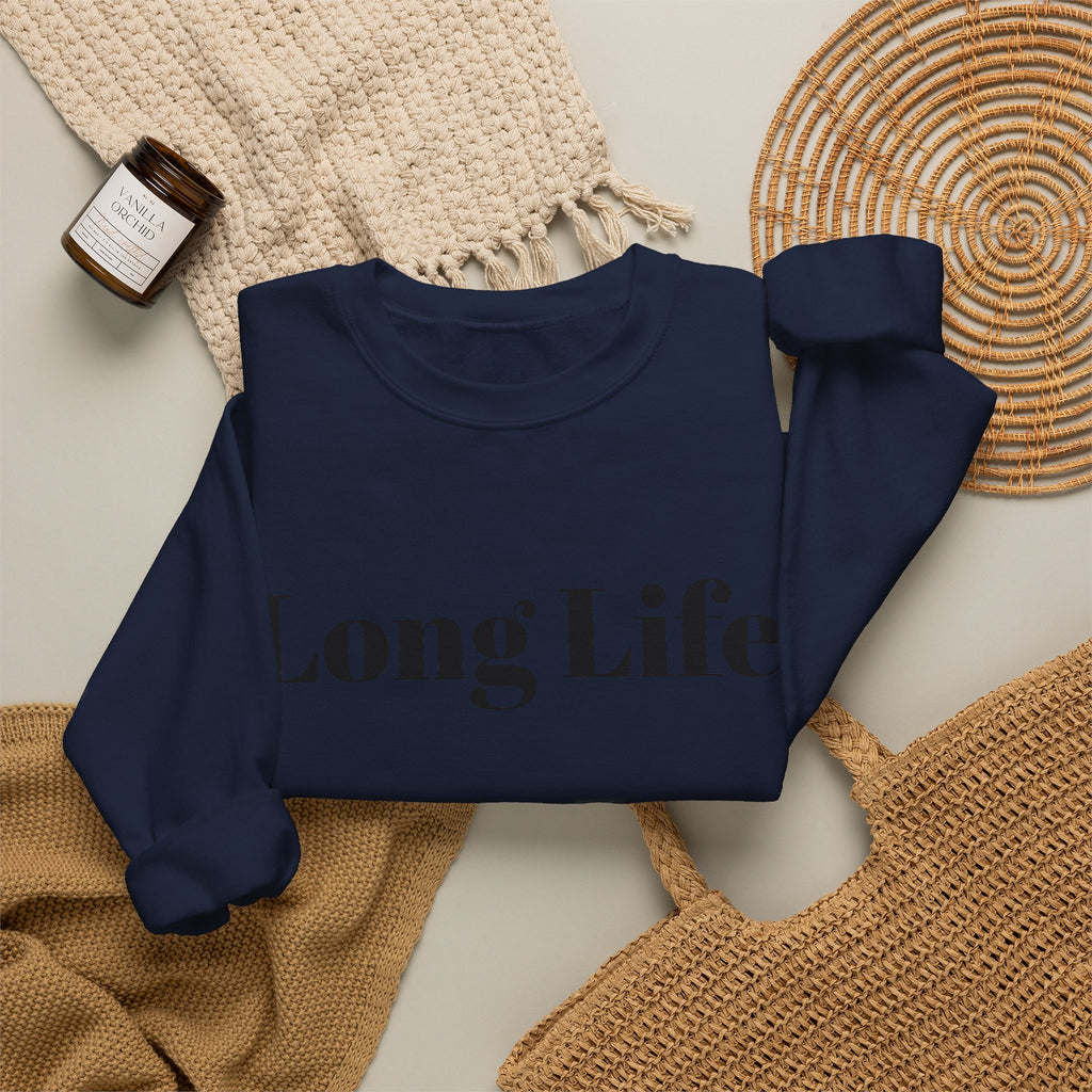 Crewneck Sweatshirt — "Long Life" Front, "Faithful" Back Minimalist Graphic