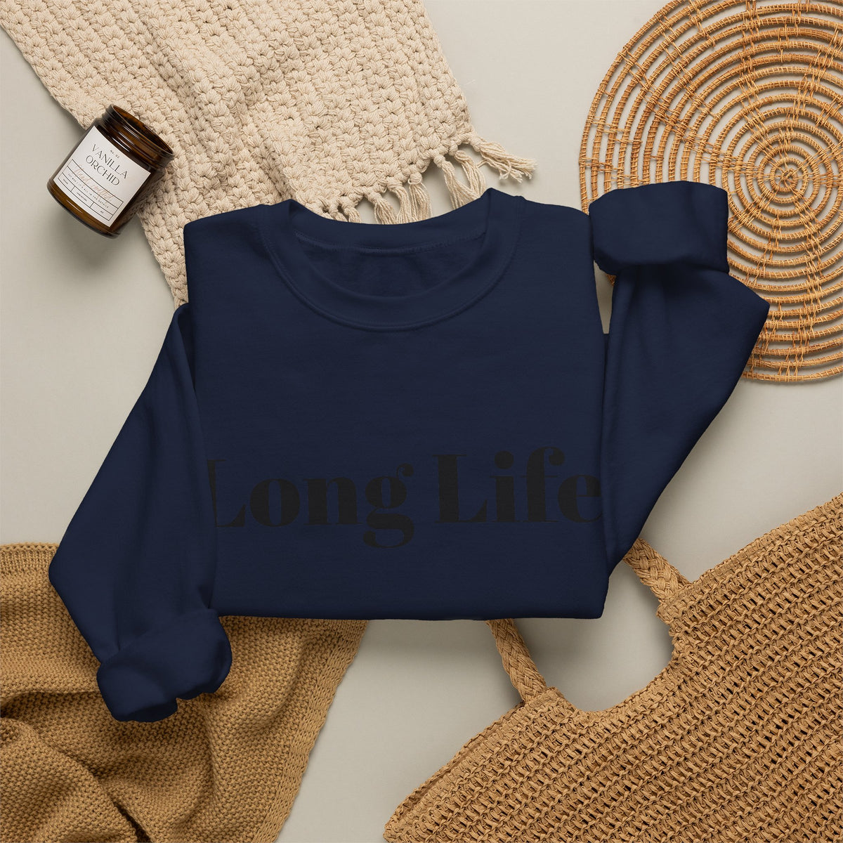 Crewneck Sweatshirt — "Long Life" Front, "Faithful" Back Minimalist Graphic