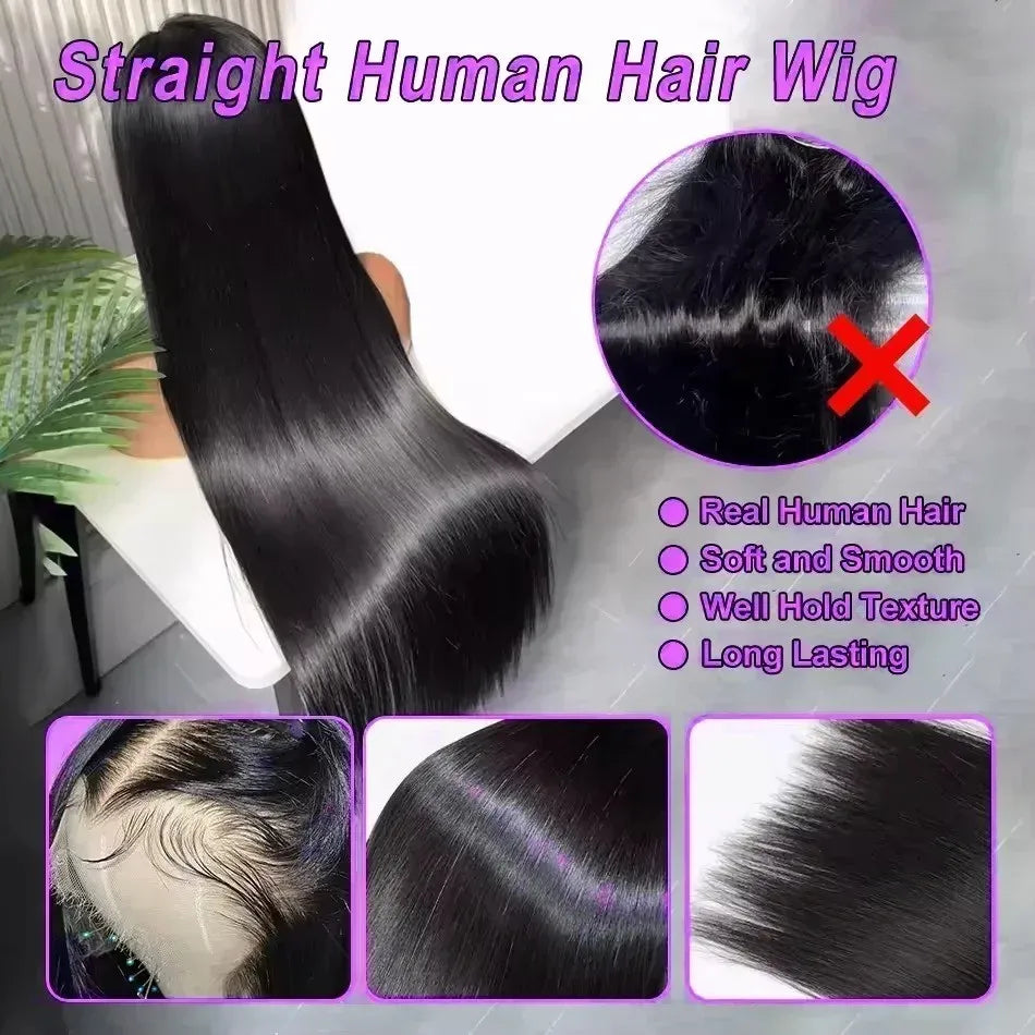 Glueless Bone Straight Human Hair Wigs 220 Density 13X4 13X6 HD Transparent Lace Frontal Wig Natural Black For Women 5X5 HD Lace Closure Wig 40 Inch