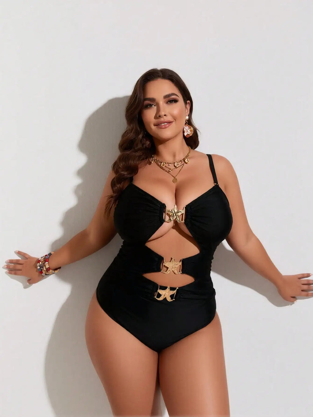 Women's Plus Size One-Piece Swimsuit: Solid Black, Gold Starfish Cutout Accents, Ruched Bust, High-Cut Leg, Glam Beach Style