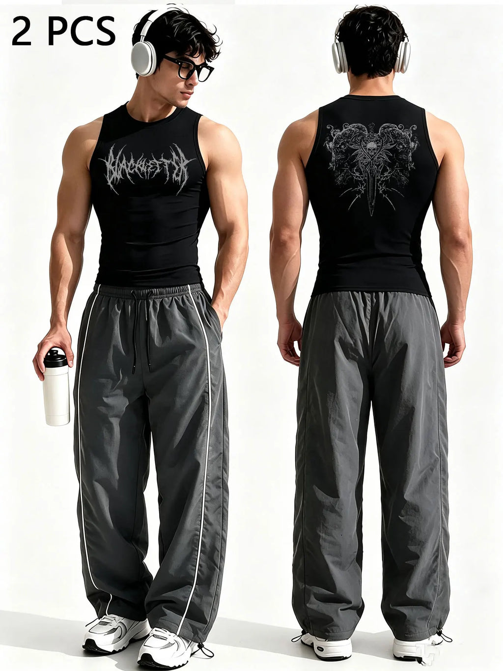 Men Gothic Style 2Pcs Outfit Graphic Sleeveless Tank Top Side Striped Loose Trousers Gym Street Casual Tracksuit
