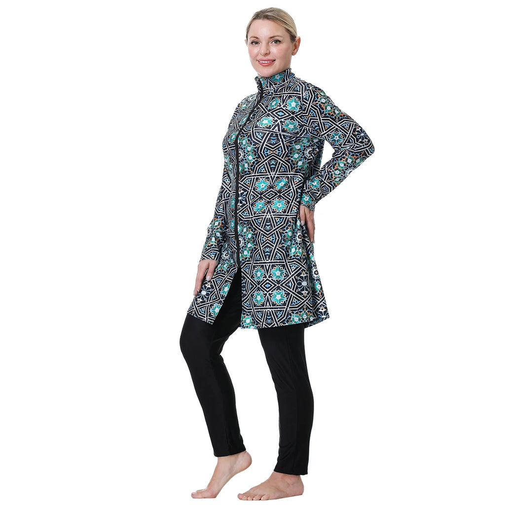 H1024 Muslim Women Fullcoverage Long Sleeves Cover Up Burkinis Three Pieces Plus Size Printing Swimwear Suits