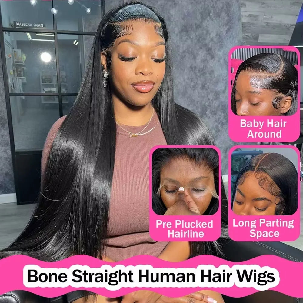 Natural Color Bone Straight Human Hair Wig 13x4 13x6 HD Transparent Lace 40 46 Inch 200% Density Pre Plucked Baby Hair Soft Silky Minimal Shedding For Women