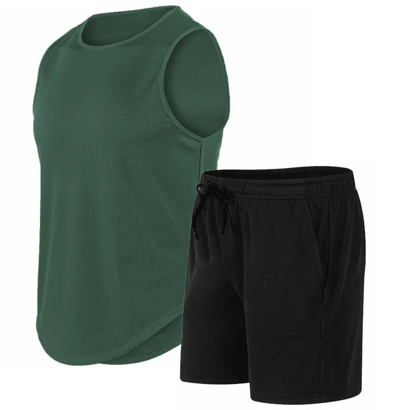 Summer New Men's Fashionable Breathable Speed Drying Sleeveless Round Neck T-shirt Set Outdoor Running Sportswear