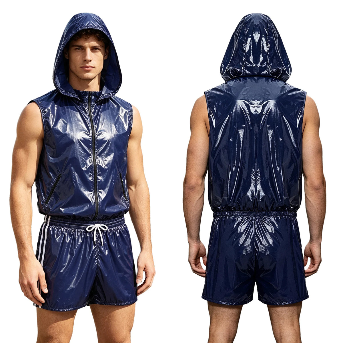 Mens Waterproof Hooded Vest Shorts Set Tracksuit Glossy Costume Front Zipper Waistcoat with Hood And Built-in Briefs Boxer Short