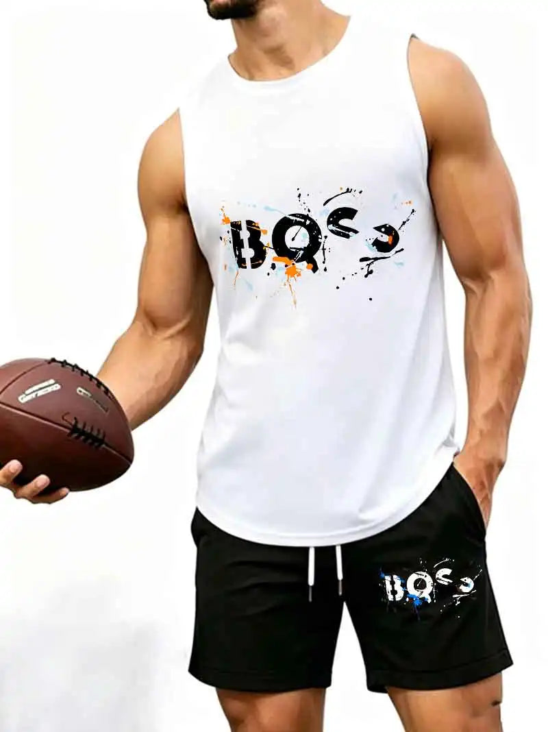Men's Graffiti Letter Print 2-Piece Tracksuit, Sleeveless Muscle Tank Top with Drawstring Shorts, Casual Urban Sportswear
