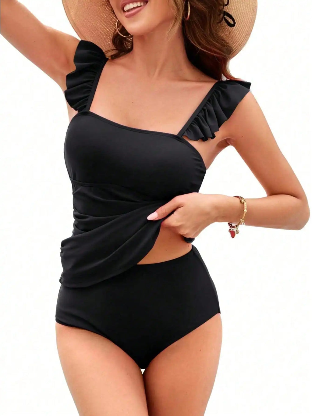 Black Ruffle Strap Tankini Set, Square Neck Side Ruched Loose Tank Top High Waist Brief Modest Two Piece Swimwear