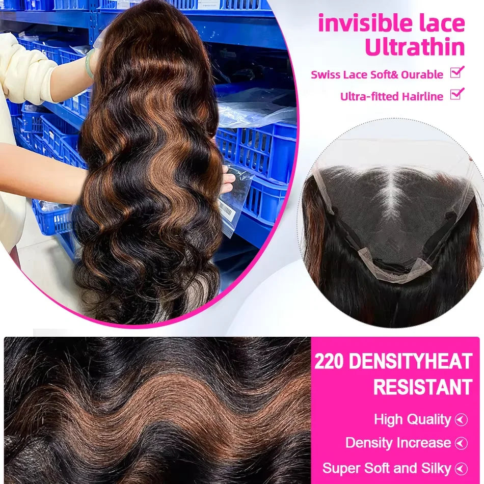 Highlight Ombre 13x4 Lace Front Wigs Human Hair Body Wave Lace Front Pre Plucked 13x6 1B/30 Brown Highlight Wig 220 Density For Women