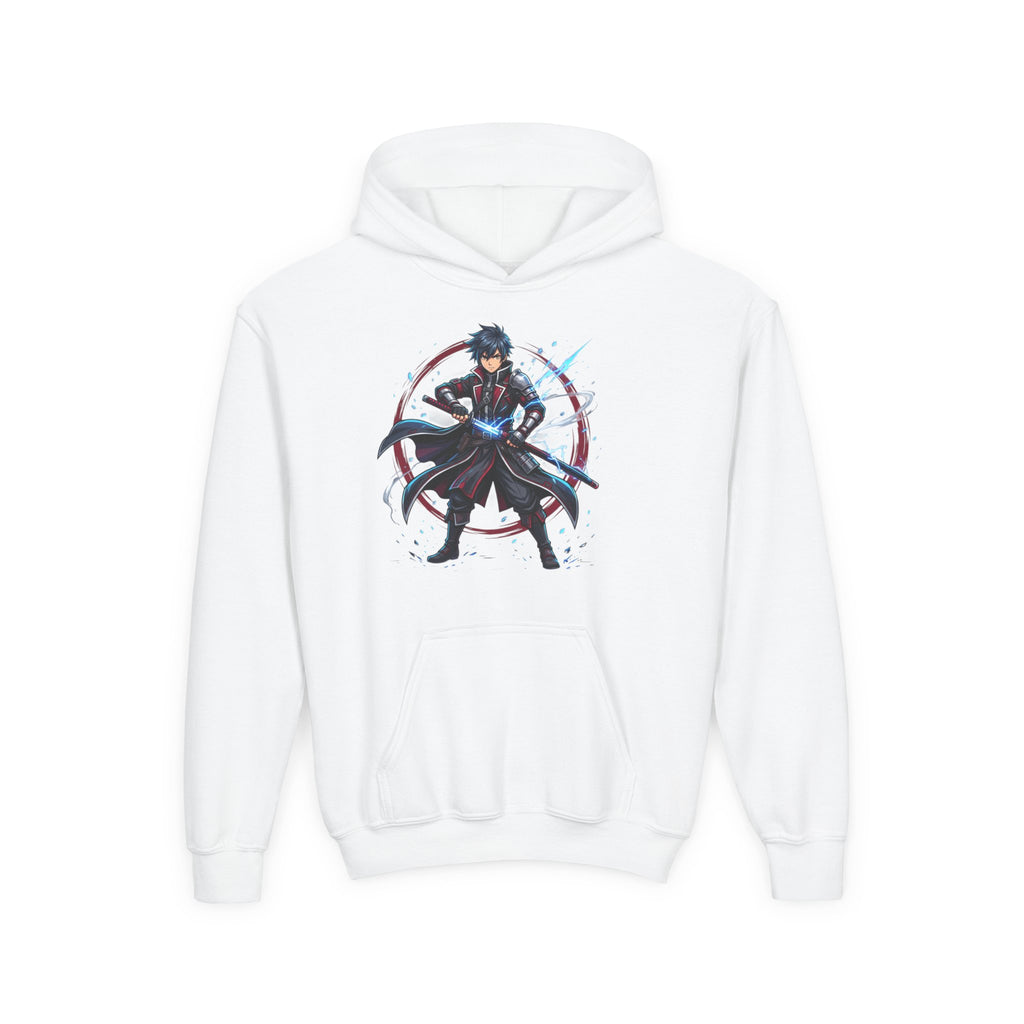 Youth Anime Swordfighter Hoodie — Dark Knight Samurai Graphic Pullover