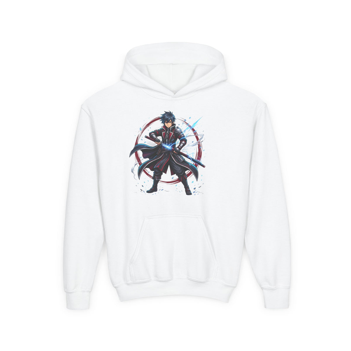 Youth Anime Swordfighter Hoodie — Dark Knight Samurai Graphic Pullover
