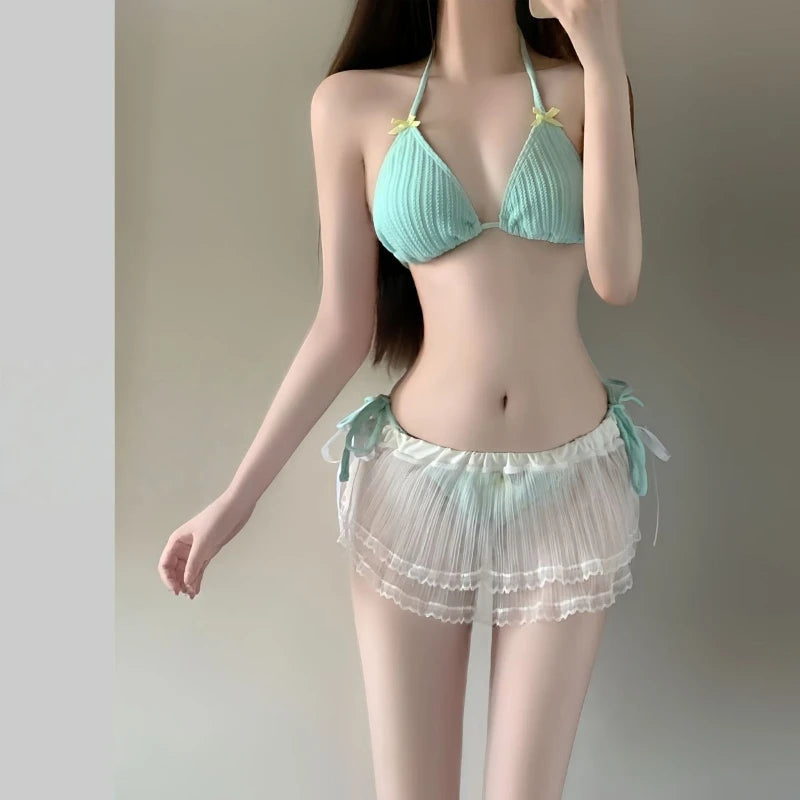 Summer Women's Long Sleeve Bikini Set Korean Fashion Sweet Girl Swimsuit Slimming Beach Bathing Suit with Mesh Cover Up