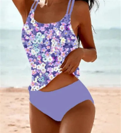 Women's Summer Modest Swimwear Sleeveless High Waist Stretchy Tankini Bathing Suits for Swimming Dames with Floral Print