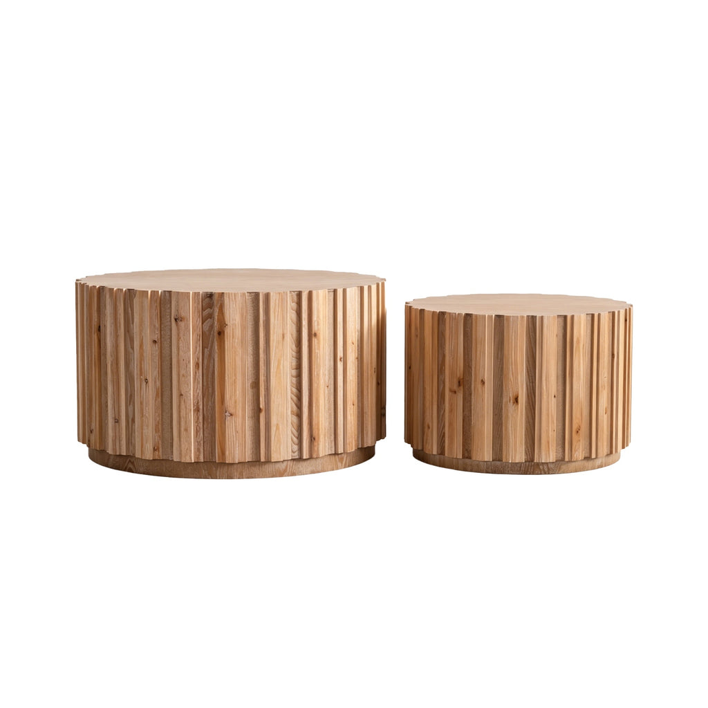 Round Nesting Coffee Tables with Slatted Bases and Wood Look Finish,