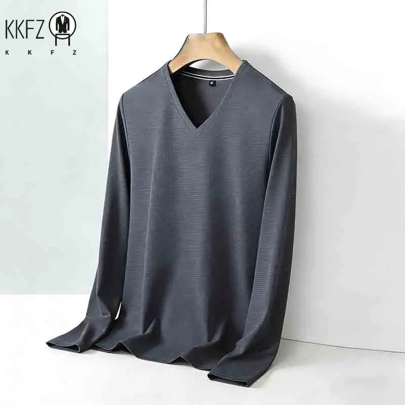 Men's Brown V-neck Long Sleeve Shirt Casual Business Commute Top for Office