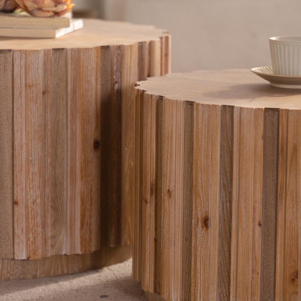 Round Nesting Coffee Tables with Slatted Bases and Wood Look Finish,