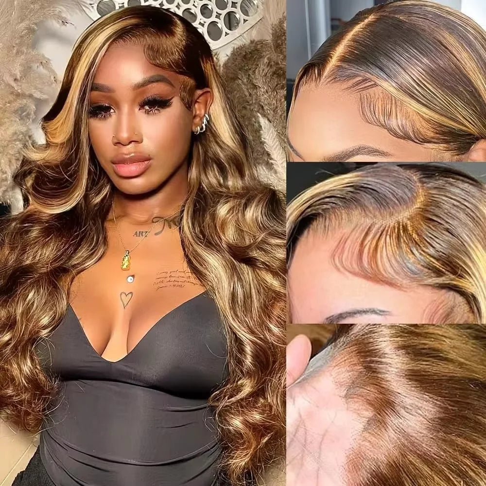 High Inch P4/27 Highlight Ombre Brown 13x6 HD Lace Frontal Wig Honey Blonde Colored 13x4 HD Lace Front Human Hair Wigs For Women Body Wave Pre Plucked 4/27 Ombre Blonde Lace Front 200 Density