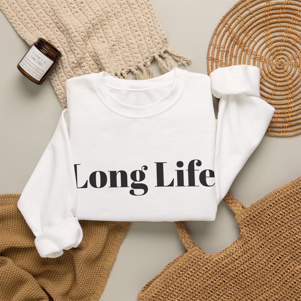 Crewneck Sweatshirt — "Long Life" Front, "Faithful" Back Minimalist Graphic