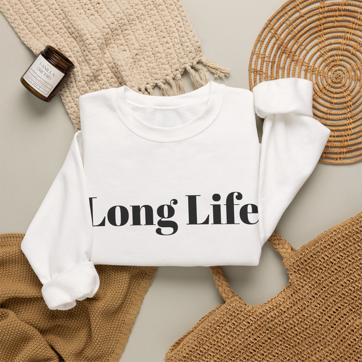 Crewneck Sweatshirt — "Long Life" Front, "Faithful" Back Minimalist Graphic