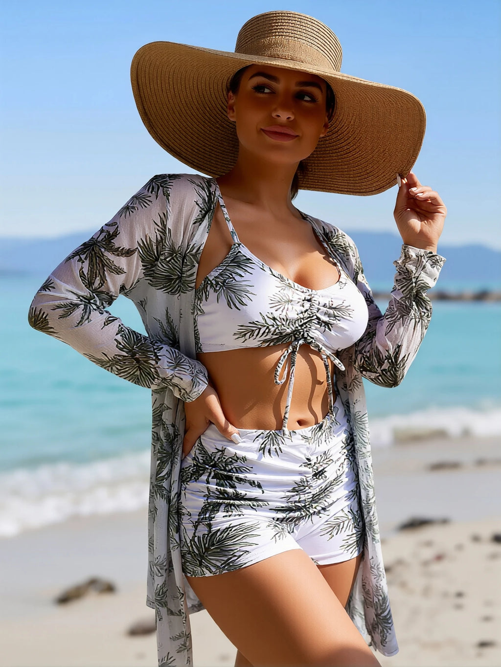 Pink Abstract Swirl Print 3 Piece Bikini Set, Front Tie Cami Crop Top High Waist Shorts Long Sleeve Kimono Cover Up
