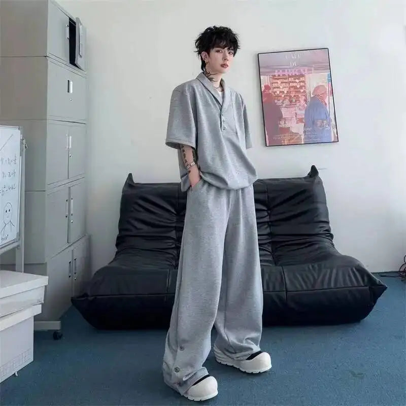 Grey New Summer Men's Two Pieces Set Turn Down Collar Fake Short Sleeve Sweatshirt And Casual Wide Leg Long Pants GPBW