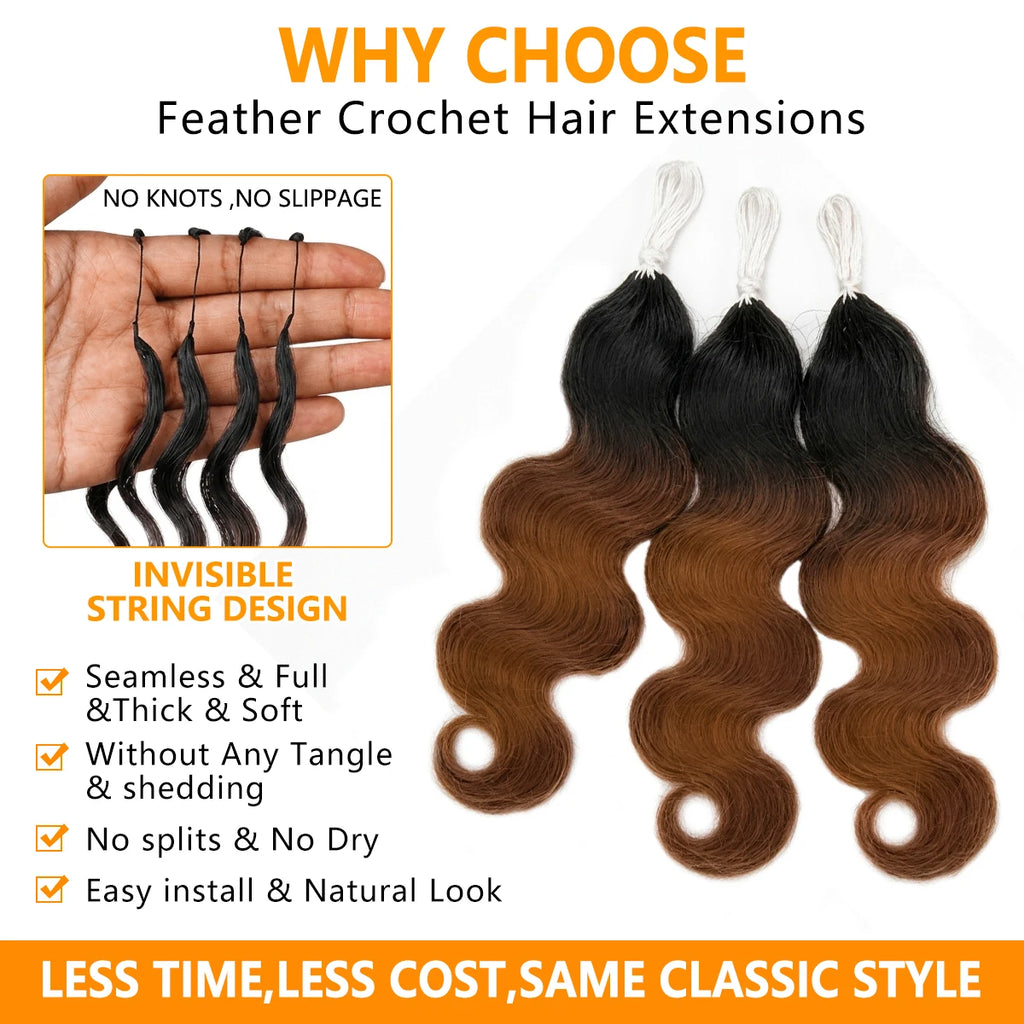 Miracle Knots T1B/30 TB30 Ombre Highlight 12A Human Hair Body Wave Feather Crochet Hair Invisible Knotless Pre Separated Boho Braiding Hair Soft Bouncy Natural Looking Easy Install