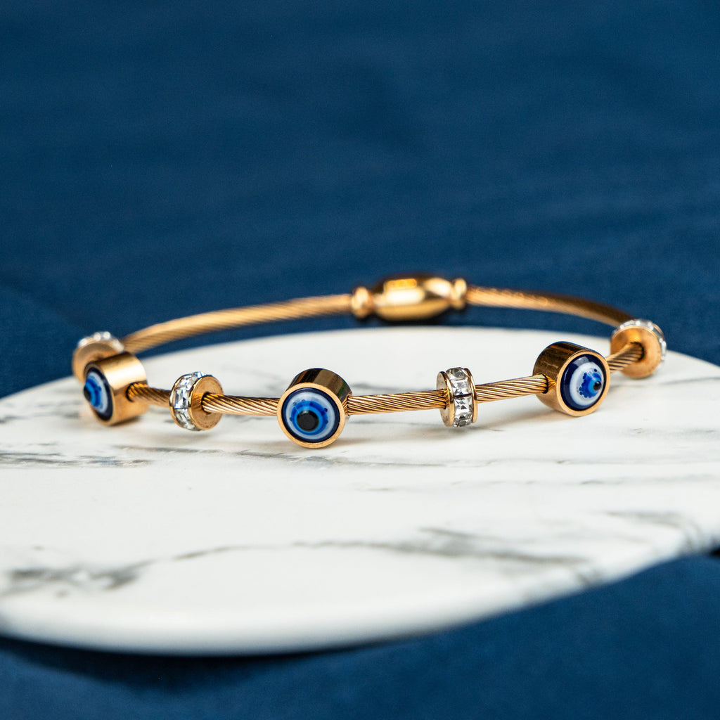 Blue Evil Eye Brass Gold Zircon Magnetic Bangle Bracelet