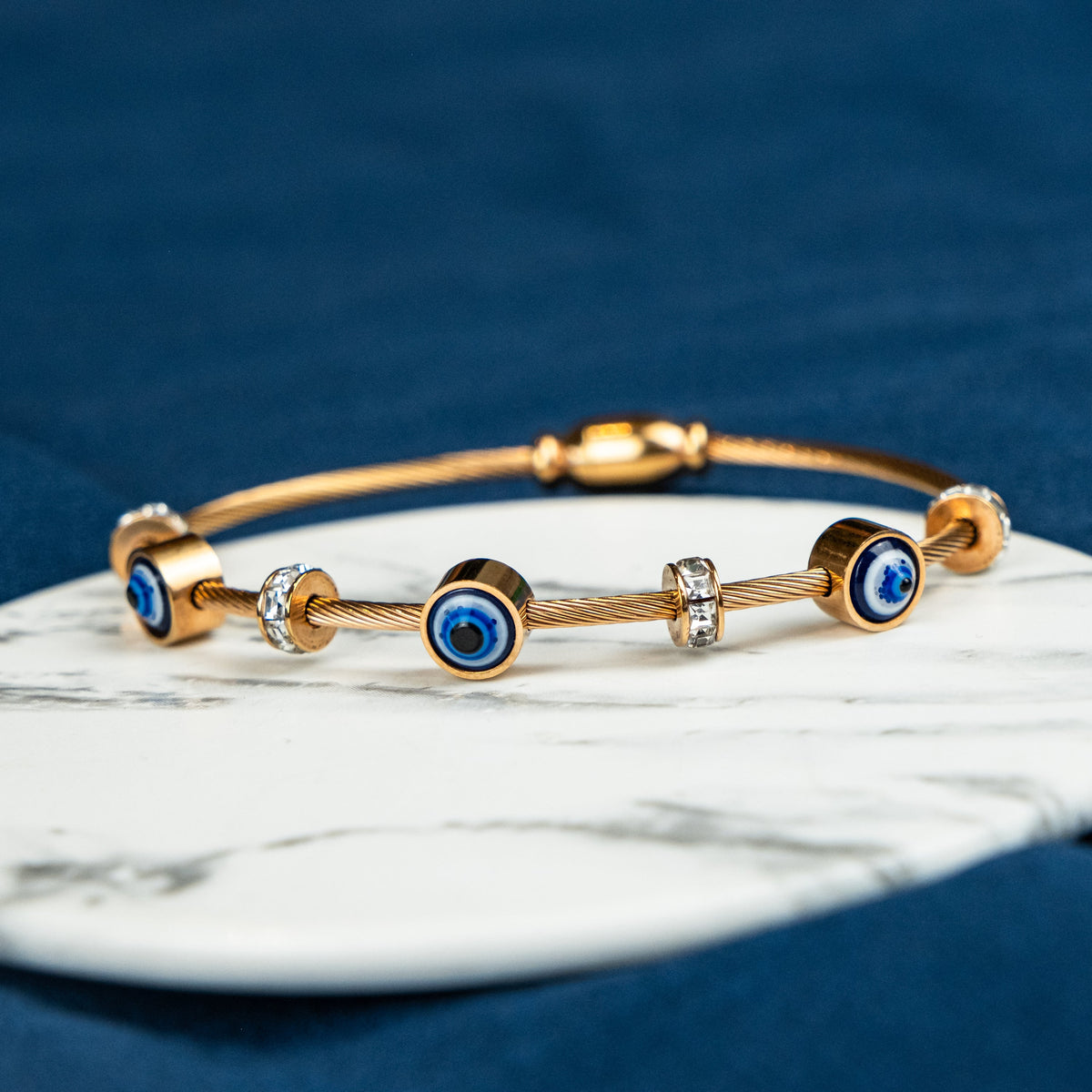 Blue Evil Eye Brass Gold Zircon Magnetic Bangle Bracelet