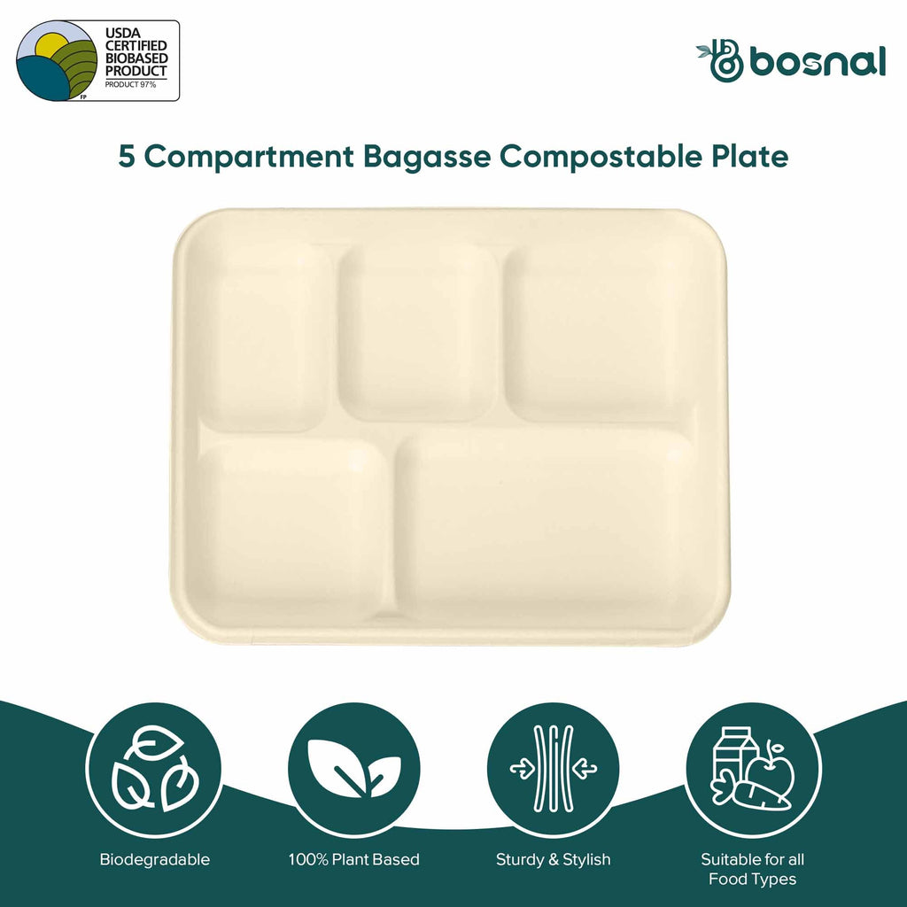 Bosnal - Sugarcane Bagasse Compostable 5-Compartment Food Trays - Case