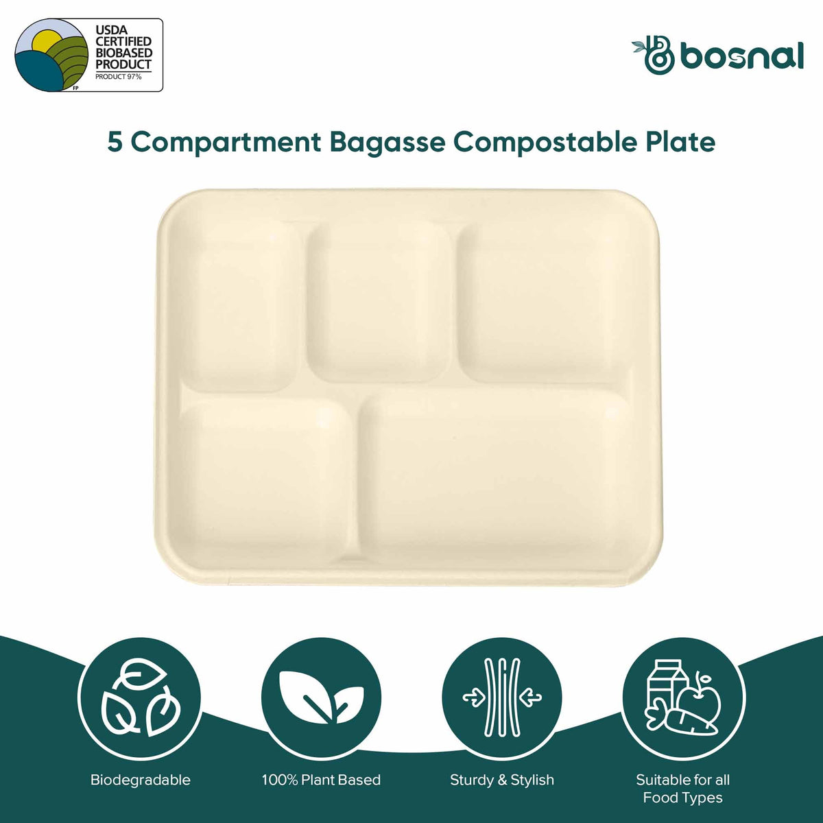 Bosnal - Sugarcane Bagasse Compostable 5-Compartment Food Trays - Case