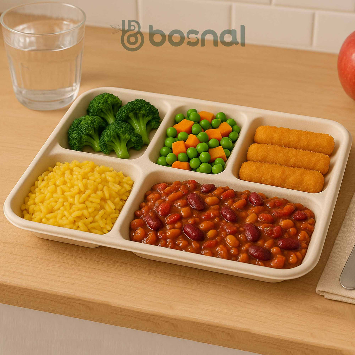 Bosnal - Sugarcane Bagasse Compostable 5-Compartment Food Trays - Case