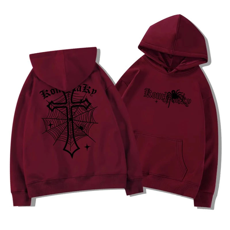 Spiderweb Cross Print Pullover Hoodie