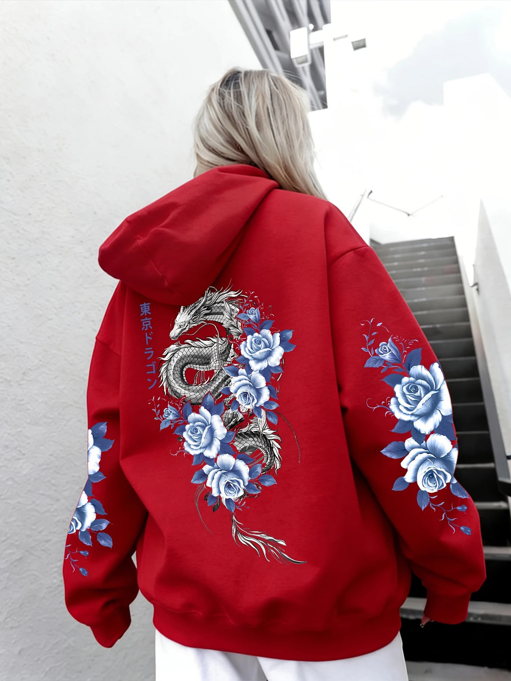 Japanese Tokyo Blue Rose Dragon Print Hoodie