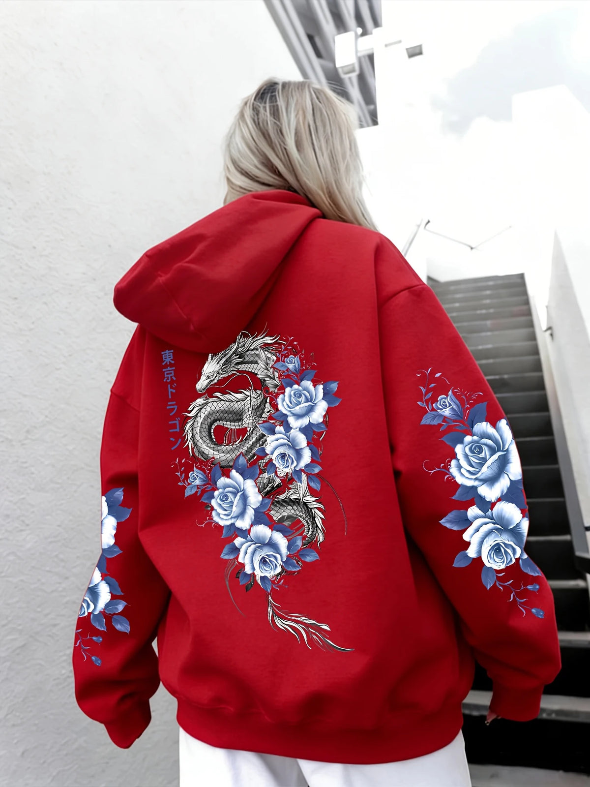 Japanese Tokyo Blue Rose Dragon Print Hoodie