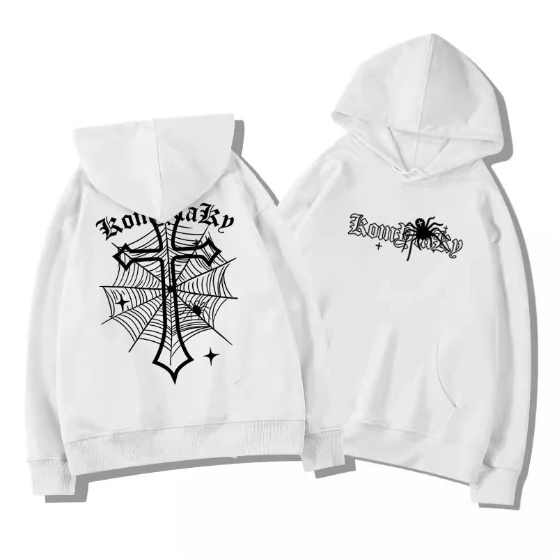 Spiderweb Cross Print Pullover Hoodie