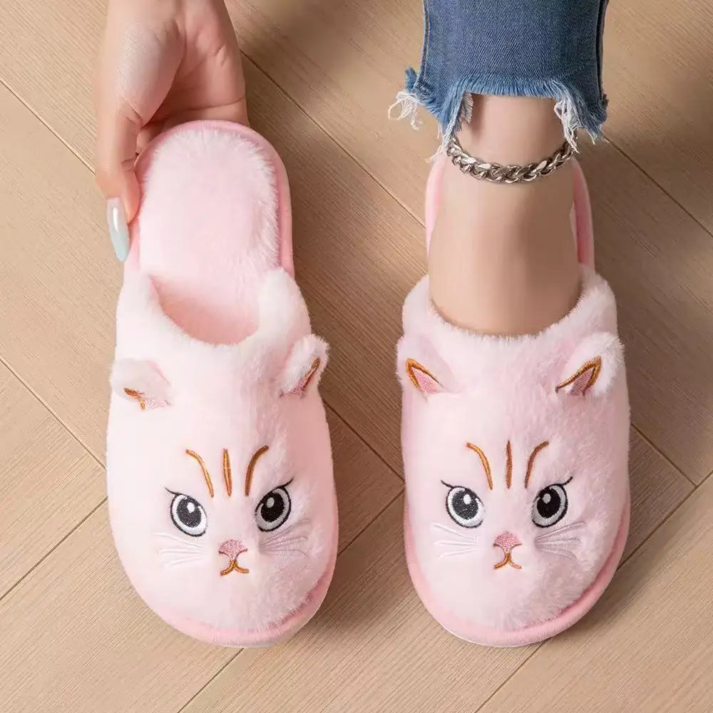 Women's Fuzzy Cat Face Plush Slippers