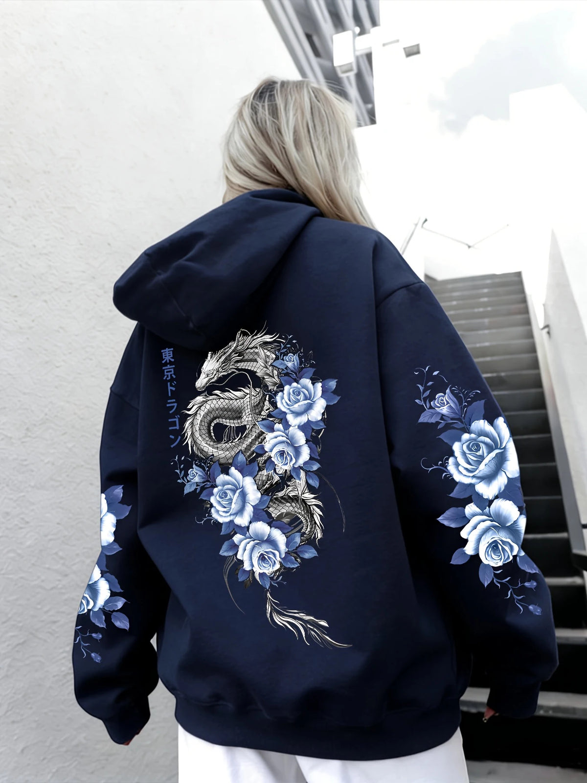 Japanese Tokyo Blue Rose Dragon Print Hoodie