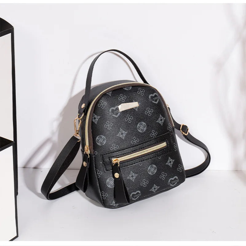 Women's Mini Backpack PU Leather Geometric Print 3-Way Carry Daypack