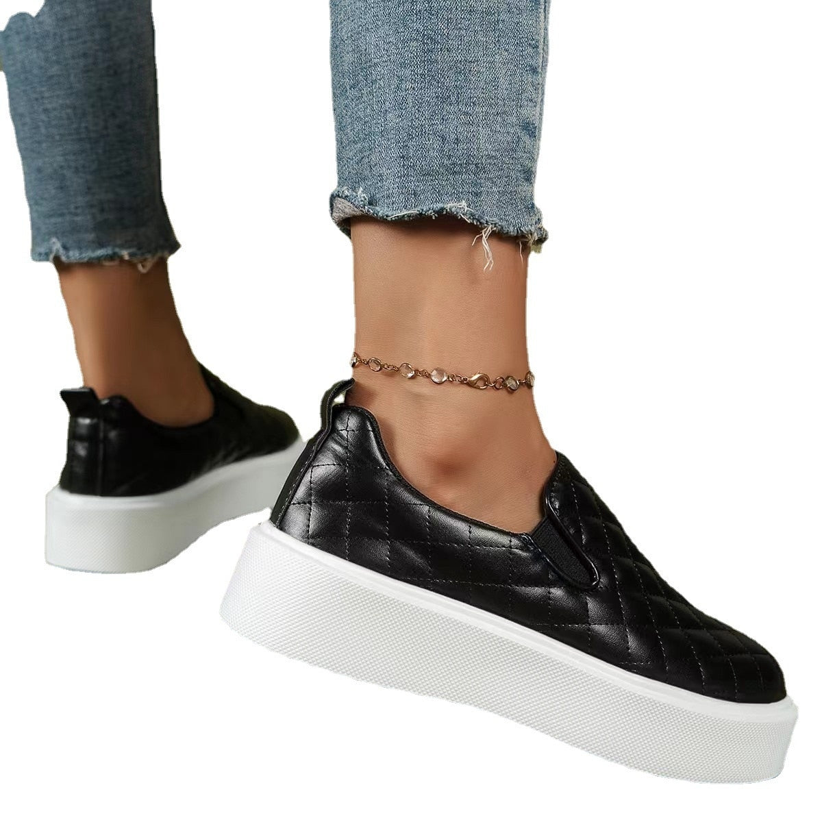 Slip-on Casual Platform Shoes Lightweight Flats Loafers Black/White